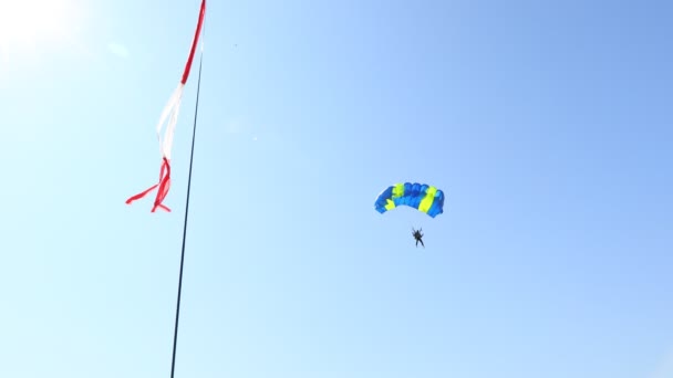 Paracaidista Con Paracaídas Abierto Está Volando Ralentiza Para Aterrizar Suelo — Vídeo de stock