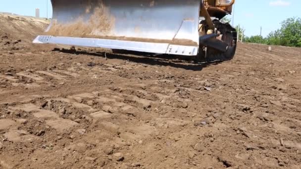 Bulldozer Underrede Push Utjämning Marken Och Vägvält Med Spikar Vibrerar — Stockvideo