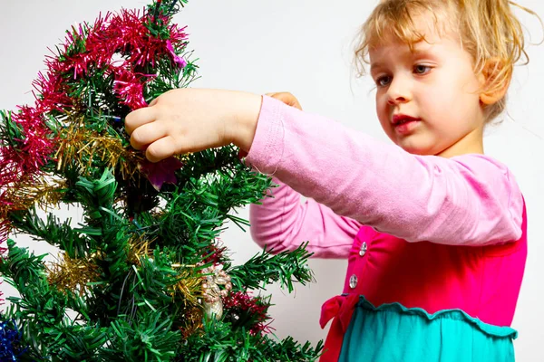 Preschooler Female Kid Child Girl Placing Shiny Decorative Strips Tassel — Stock Photo, Image