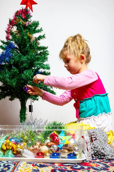Hündin Vorschulalter Kindermädchen Platziert Glänzendes Dekorspielzeug Mit Quaste Auf Immergrünem — Stockfoto