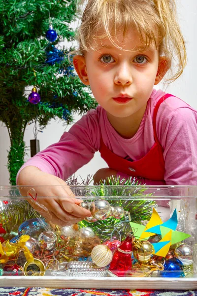 Preschooler Female Kid Child Girl Thinking Witch Decorative Toy Pile — Stock Photo, Image