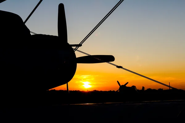Biplane standing at sunset