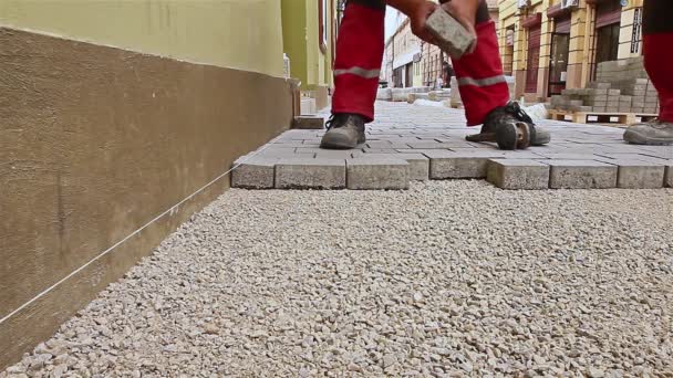 Vrijmetselaars handen passen flagstone. — Stockvideo