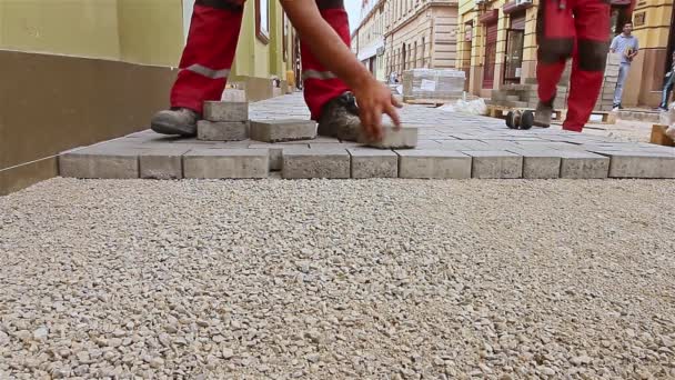 Le mani dei massoni stanno montando la pietra di bandiera . — Video Stock