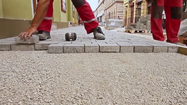 Le mani dei massoni stanno montando la pietra di bandiera . — Video Stock