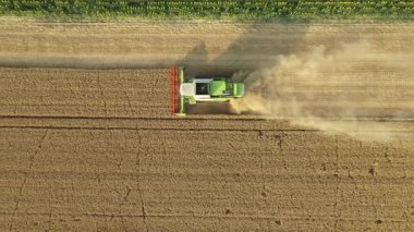 Üst manzarada, doli yukarı doğru hareket ediyor, tarım hasat makinesinin üzerinde dönüyor, tarım arazilerinde olgun buğdayları kesip biçerken birleşiyor. Yaz mevsiminde hasat zamanı. 