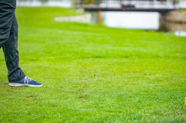 Golfçüye alçak açı vuruşu, güçlü golf topu vuruşu, golf vuruşuna başlamadan hemen önce. Golf sahasında golf sopası ile atış yaptı..