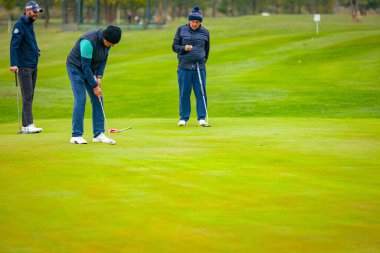İnsanlar golf oynuyor, golf oynarken çim sahası, saha. Odaklanmış golfçü, topu deliğe, konsantrasyona ve hassasiyete sokmayı hedefleyen pitoresk bir golf sahası..