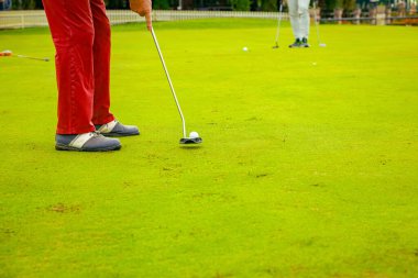 İnsanlar golf oynuyor, golf oynarken çim sahası, saha. Odaklanmış golfçü, topu deliğe, konsantrasyona ve hassasiyete sokmayı hedefleyen pitoresk bir golf sahası..