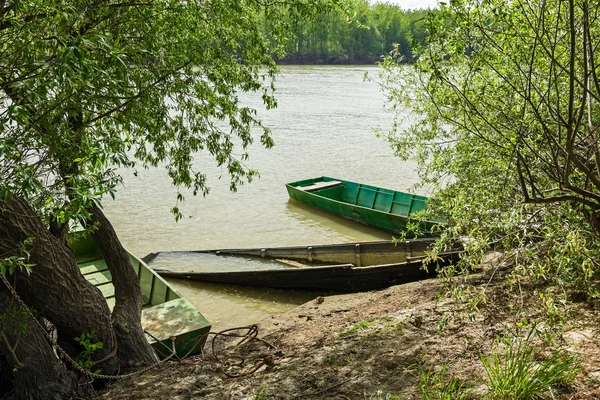 Рыбацкая лодка привязана к дереву . — стоковое фото