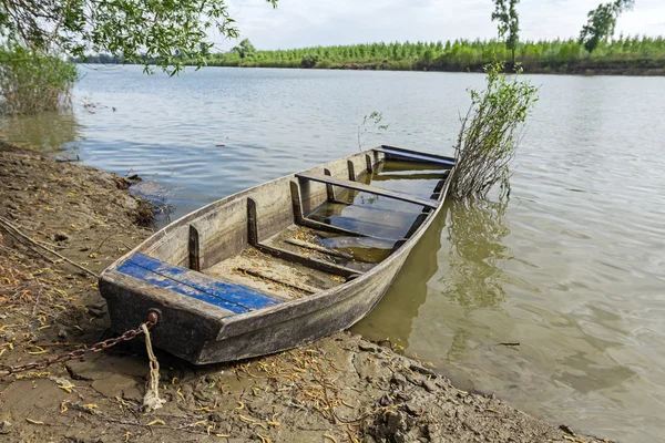 Рыбацкая лодка привязана к дереву . — стоковое фото