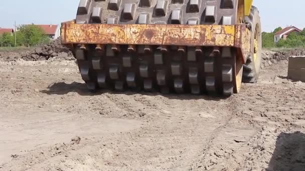 Walec drogowy ogromny z kolcami jest zagęszczanie gleby w budowie. — Wideo stockowe