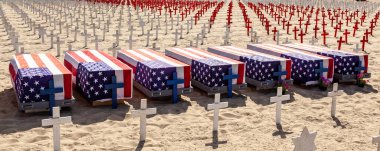 Nisan 2011 'de Santa Monica plajında savaş karşıtı protesto. Afganistan ve Irak 'ta öldürülen Amerikalıları temsil eden 4000' den fazla haç.