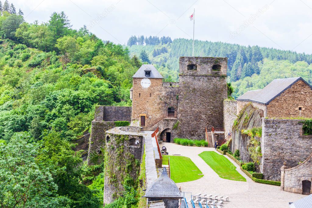 Scene in Bouillon Belgium. The town sits in a sharp bend of the river Semois .Home of Godfrey of Bouillon, a leader of the First Crusade and the first ruler of the Kingdom of Jerusalem