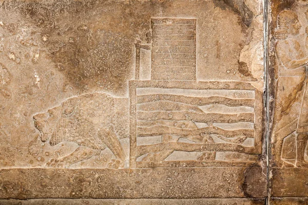 アッシリアはニネベから紀元前645年頃に彫刻を行った ライオンが彼らを殺す王に向かって駆動されるアリーナでのライオン狩りの — ストック写真