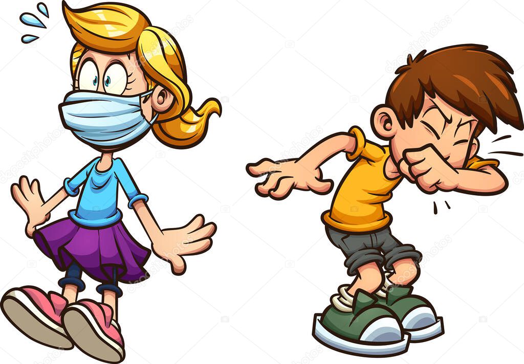 Boy sneezing and scared girl wearing a face mask. Vector clip art illustration with simple gradients. Some elements on separate layers.