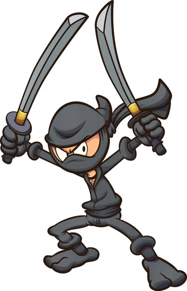 Wütender Cartoon Ninja Der Zwei Schwerter Schwingt Vektor Clip Art — Stockvektor