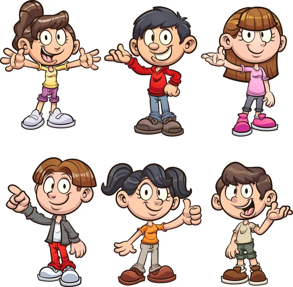 Lindos Niños Niñas Dibujos Animados Diferentes Poses Ilustración Clip Vectorial — Vector de stock