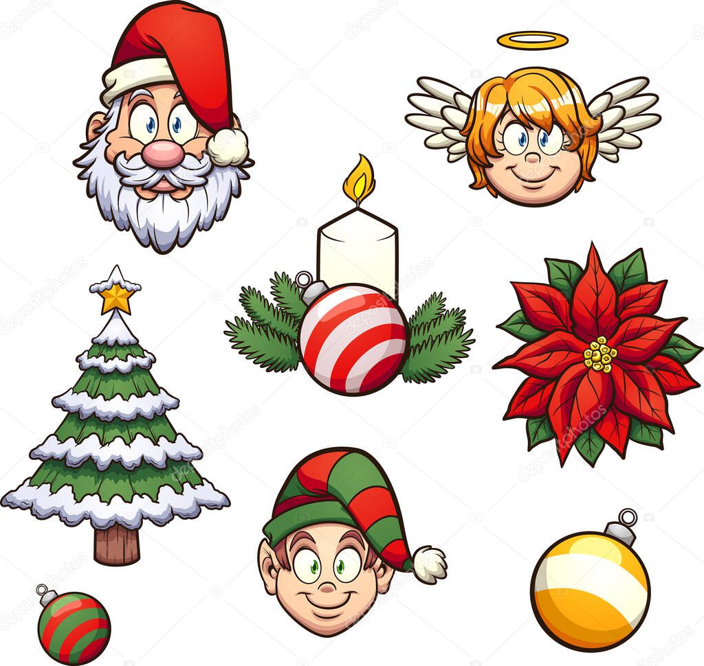 Diverse cartoon Christmas elements. Vector clip art illustration with simple gradients. Each on a separate layer.
