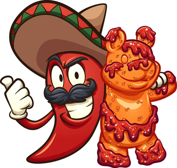 Mexican Chili Pepper Holding Gummy Bear Covered Chamoy Sauce Vector Royalty Free Stock Vectors