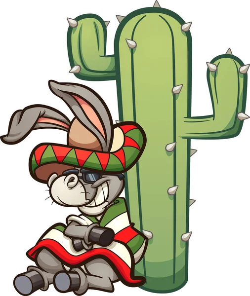 Burro Dibujos Animados Mexicano Descansando Sobre Cactus Ilustración Clip Vectorial — Vector de stock