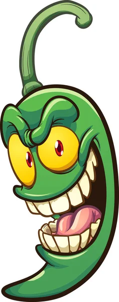 Caricatura Chile Jalapeño Verde Con Sonrisa Loca Ilustración Clip Vectorial — Vector de stock