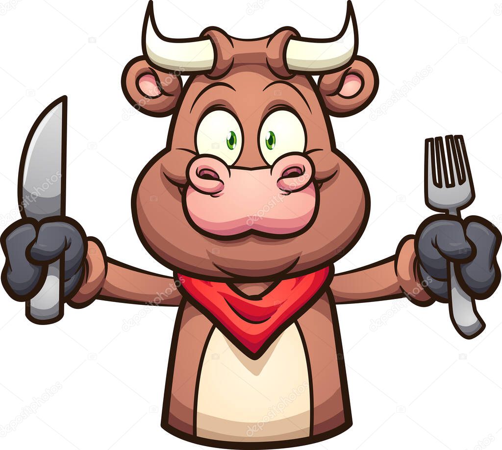 Cartoon  bull with extended arm holding a knife and a fork. Vector clip art illustration with simple gradients. All on a single layer