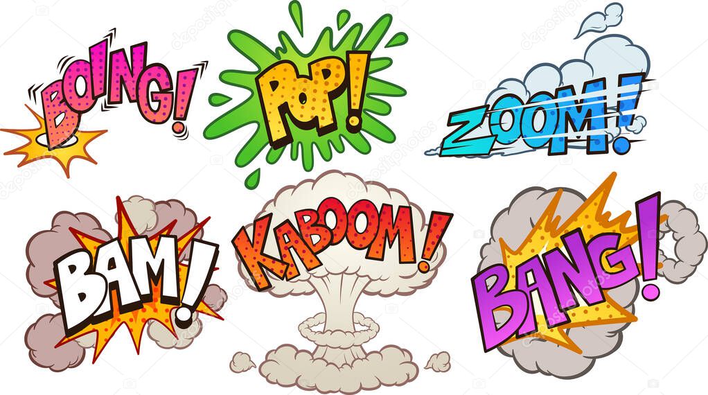 Comic book cartoon sound effects pop art style. Vector clip art illustration with simple gradients. Each on a separate layer