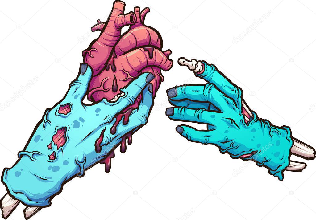 Zombie hand giving a bleeding heart to another zombie hand. Vector clip art illustration with simple gradients. Some elements on separate layers