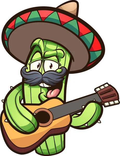 Mexican Cactus Playing Guitar Cartoon Vector Clip Art Illustration Simple — Stock Vector