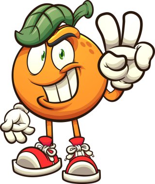 Portakal, el barış işareti çizgi filmi yapıyor. Basit gradyanlı vektör klipsi çizimi. Hepsi tek bir katmanda.