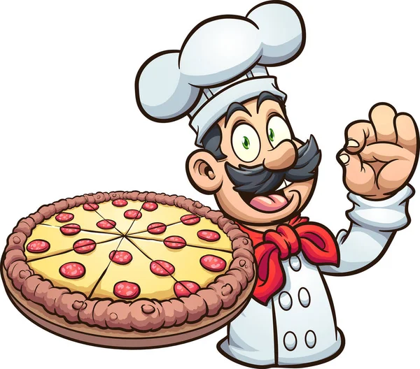 Chef Tenant Grand Dessin Animé Pizza Pepperoni Illustration Vectorielle Clip — Image vectorielle