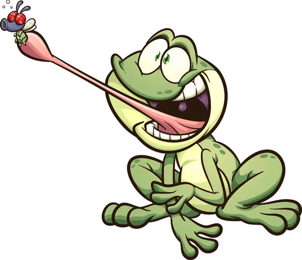 カエルが舌の漫画でフライを捕まえる ベクタークリップアートイラスト カエルと別々の層に飛ぶ — ストックベクタ