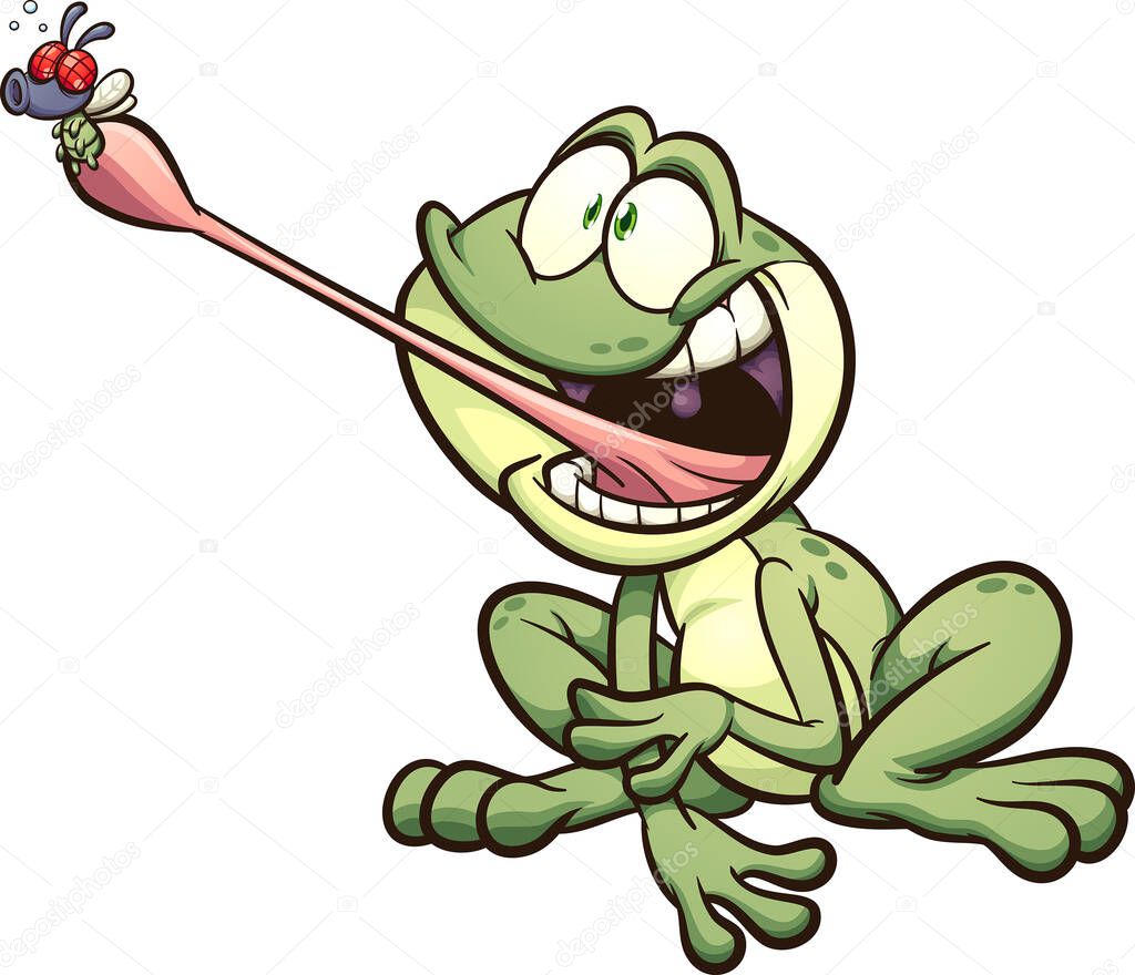 Frog catching a fly with it's tongue cartoon. Vector clip art illustration. Frog and fly on separate layers