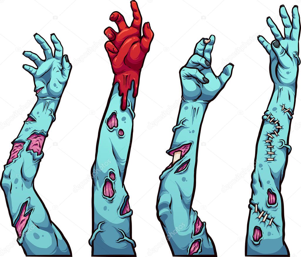 Zombie arms in different poses reaching up. Cartoon vector clip art illustration with simple gradients, each on a separate layer. 