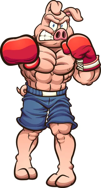 Strong Angry Boxing Pig Throwing Punch Vector Clip Art Illustration — Stock Vector