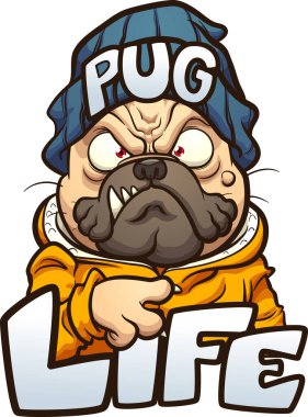 Kızgın suratlı, bere takan ve Pug Life yazan bir çizgi film köpeği. Basit gradyanlı vektör klipsi çizimi. Ayrı katmanlardaki bazı elementler
