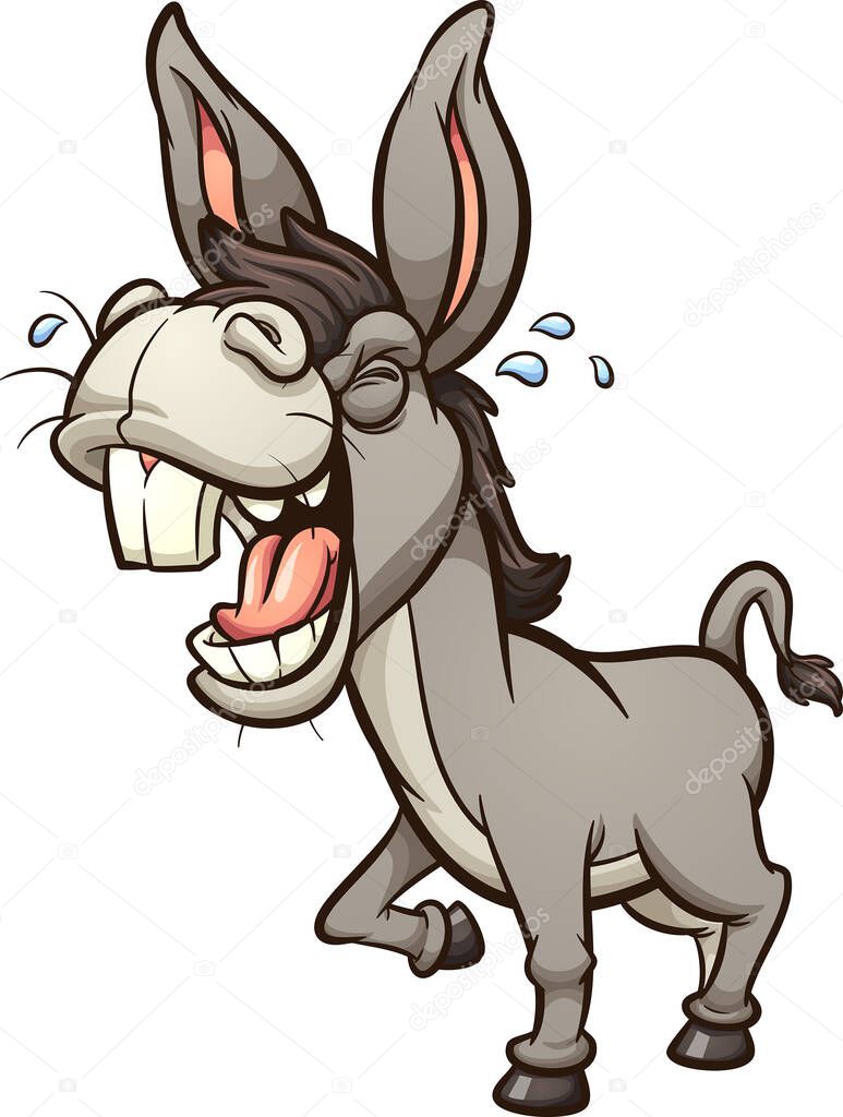 Laughing and braying gray donkey or mule with big teeth in perspective. Vector clip art illustration with simple gradients. All on a single layer