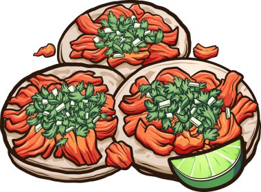 Meksika çizgi filmi tacos al pastor soğanlı ve kişniş soslu. Basit gradyanlı vektör klipsi çizimi. Hepsi tek bir katmanda.