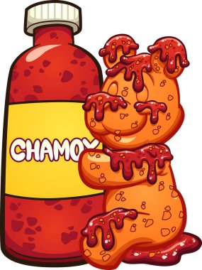Gummy bear hugging a bottle of chamoy sauce. Vector clip art illustration with simple gradients. Some elements on separate layers clipart
