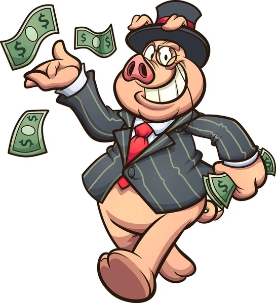 資本家の豊かな豚の空気中でお金を投げる シンプルなグラデーションでベクトルクリップアートイラスト 一つの層に — ストックベクタ