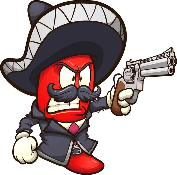 Piment Rouge Avec Une Tenue Mariachi Revolver Illustration Clip Art — Image vectorielle