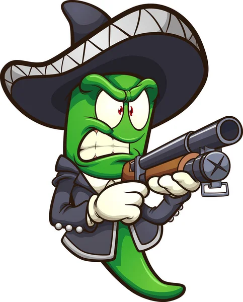 绿色的胡椒胡椒 配上墨西哥服装和猎枪 矢量剪贴画与简单的渐变 都在一个单一的层次 — 图库矢量图片