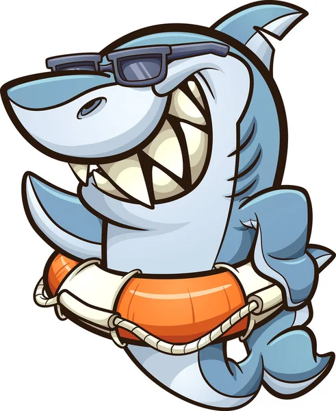 Cool Shark Sunglasses Wearing Lifesaver Vector Clip Art Illustration Simple — Stock Vector