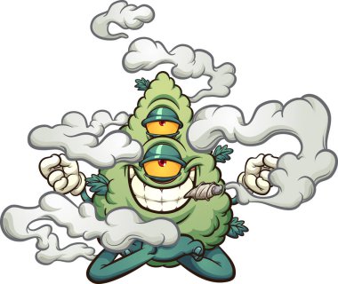 Marihuana tomurcuğu karakteri sigara içiyor ve nilüfer çiçeği pozisyonunda yüzüyor. Basit gradyanlı vektör klipsi çizimi. Hepsi tek bir katmanda.