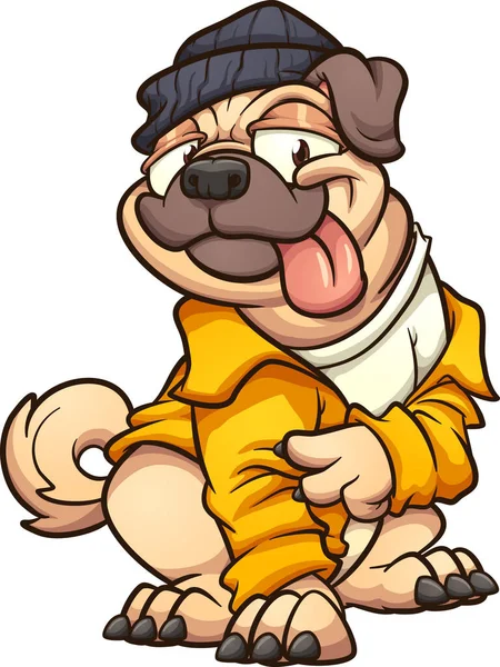 Mops Hund Trägt Eine Gelbe Jacke Und Macht Das Friedenszeichen — Stockvektor