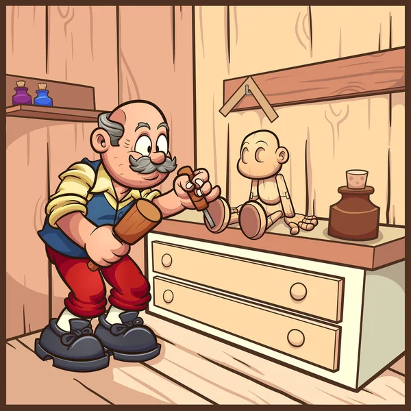 Charpentier Bande Dessinée Travaillant Sur Une Marionnette Bois Illustration Clip — Image vectorielle