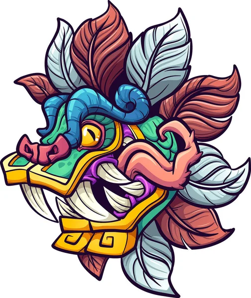 Cartoon Colorful Quetzalcoatl Aztec God Head Tongue Sticking Out Vector — Stock Vector