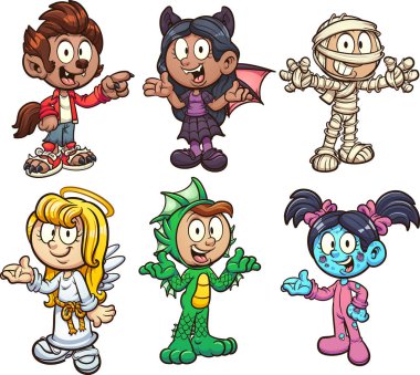 Halloween kids wearing different costumes. Vector clip art illustration with simple gradients. Each on a separate layer.