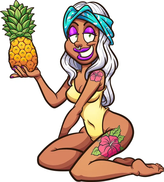 Pinup Model Knielt Houdt Een Ananas Omhoog Vector Clip Art — Stockvector